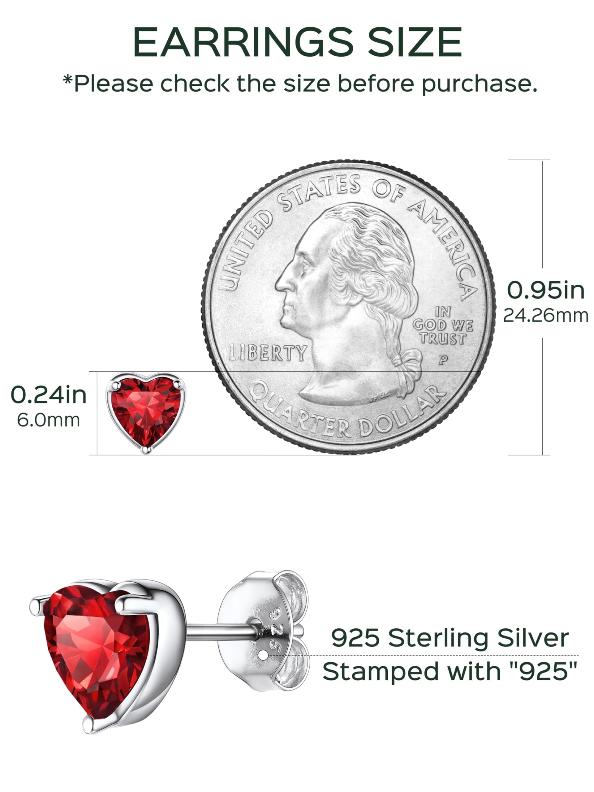 925 Sterling Silver Heart Birthstone Earrings, Synthetic Garnet Studs Cute Gift for Birthday Valentine'S Day, Party & Daily Wear Accessory for Women