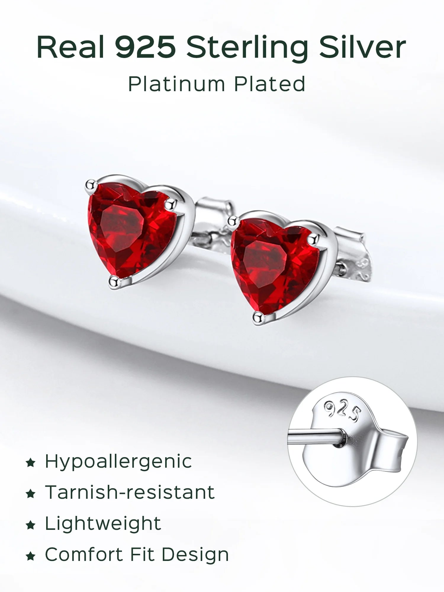 925 Sterling Silver Heart Birthstone Earrings, Synthetic Garnet Studs Cute Gift for Birthday Valentine'S Day, Party & Daily Wear Accessory for Women